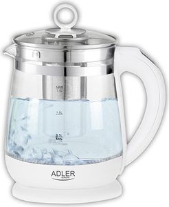 Adler Wasserkocher AD 1299 elektrisch, 2200 W, 1,5 l, Glas/Edelstahl, 360° drehbarer Sockel, weiß (AD 1299)