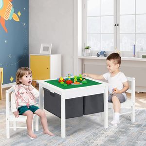 COSTWAY Detský hrací stôl s obojstrannou doskou, stôl na stavebnice so zásuvkami, písací a kresliaci stôl 2 v 1 z dreva, detská sedacia súprava na kreslenie, čítanie a ručné práce