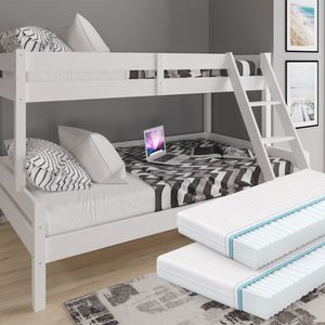 Livinity® Everest poschodová posteľ, 140x200 / 90x200 cm, s 2 matracmi, biela