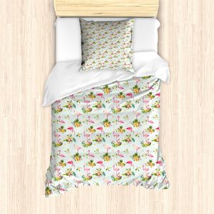 ABAKUHAUS Flamingo Mantele, Frische Flora Ananas, Milbensicher Allergiker geeignet mit Kissenbezügen, 135 cm x 200 cm - 80 x 80 cm, Mehrfarbig