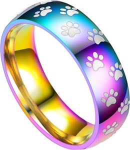 Männer Frauen Niedlichen Tier Pfotenabdruck Titan Stahl Fingerring Schmuck Geburtstagsgeschenk-Regenbogen,US 7