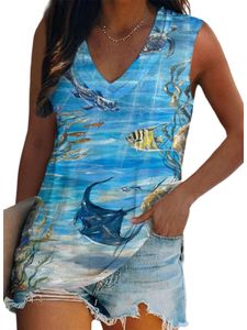 Damen Fisch Gedruckt Pullover Urlaub Tierdruck Tee V Hals Sommer Top Böhmen Kurzarmweste Blaufisch,Größe L