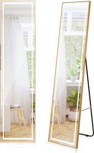Ganzkörperspiegel, HD-Schminkspiegel mit verstellbarer LED-Beleuchtung & 2 Befestigungsoptionen, Standspiegel zum Schminken und Ankleiden