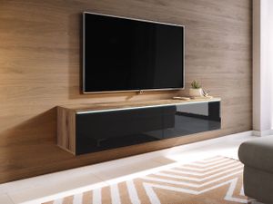 MIRJAN24 TV-Lowboard Detroit D140, Stilvoll TV-Tisch, 2 Türen, Modern Wohnzimmer (Wotan / Schwarz Hochglanz, ohne Beleuchtung)