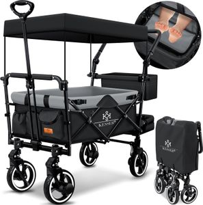 KESSER® Bollerwagen Faltbar GTS-9100 mit Dach Handwagen Transportwagen klappbar inkl. 2x 3-Punkt Gurtsystem 360° Vollgummi-Reifen & Innenraumverlängerung Vorder- und Hinter-Bremse + Tragetasche