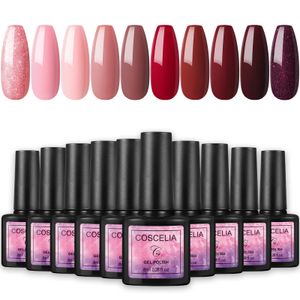 COSCELIA 10 Colors UV Gel Nagellack Set Nude Farbe Pink Rot Rosa Dunkelrot Glitzern Nail Polish 8ML für Nageldesign Nail Farbgel Kit