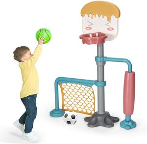 COSTWAY Kinder Basketballständer höhenverstellbar, 3 in 1 Kinder Spielplatz Basketballkorb & Fußballtor & Roller, Korbanlage für Innen- und Außenbereiche
