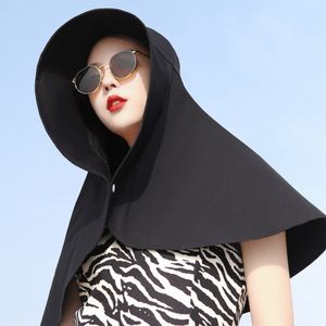 Schwarz Frauen Sonnenhut mit großer Krempe Bucket Hat Nackenschutz Kompletter Schutz Anti-UV Waschbare Sonnenhüte