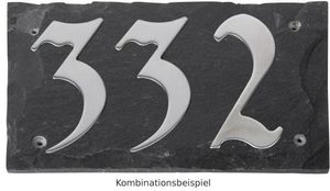 Hausnummer 120 (Höhe 10,0 x Breite 5,0 cm) auf Schieferplatte (25 x 15 cm), Schriftbild Kreide, Edelstahl Haus-Nummer