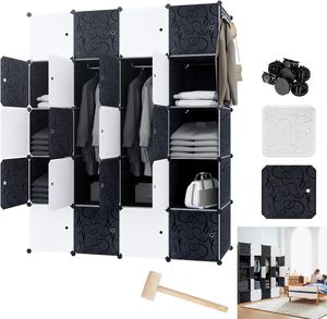ACXIN DIY Kleiderschrank Regalsystem Garderobe aus Kunststoff Garderobenschrank Steckregalsystem Bücherregal Tragbarer Faltschrank mit Türen (20 Würfel Schrank mit 2 Kleiderstange)
