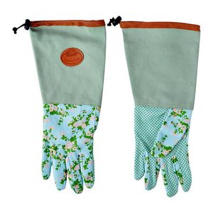 Esschert Design Jute Handschuhe mit Rosendruck, 18 x 1,2 x 37 cm, lang, mit Unterarmschutz, mit Noppen, Grundfarbe grün