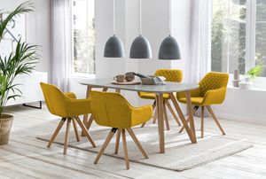 SalesFever Essgruppe 5-tlg. | 180 x 90 cm | Tischplatte grau + Gestell Eiche | 4x Stuhl Textil gelb + Beine Eiche