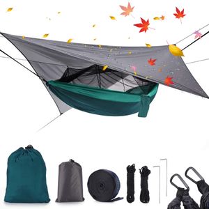 Topchances Camping Hängematte mit Moskitonetz und Tarp, Reise Zeltplane für Outdoor,Wandern,Trekking (Grau+Dunkelgrün)