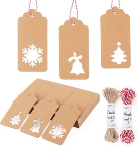 150 Stück Weihnachten Kraftpapier Etiketten Geschenkanhänger Anhänger Etiketten Schneeflocke Weihnachtsbäume Glocke Design 9.5x4.5cm mit Jute-Schnur 10m und rot/weiß Baumwollgarn 10m