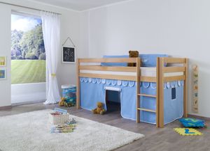 Relita Halbhohes Spielbett ALEX Buche massiv natur lackiert mit Stoffset Vorhang , hellblau/weiß