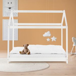 ML-Design Kinderbett mit Dach und Lattenrost, 70x140 cm, Weiß, aus Kiefernholz