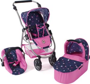 Bayer Chic 2000 - Kombi-Puppenwagen Emotion 2.0, 3-in1 Puppenwagen-Set mit Babywanne, Sportsitz und Puppenautositz, Puppenkinderwagen, Butterfly pink