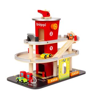 boppi – Spielzeug Auto Parkgarage. Parkhaus für Kinder inkl. 3 Autos und Hubschrauber, Autowaschanlage, Tankstäule und 3-stöckigem Lift aus Holz