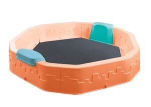 Sandkasten Sandbox Sandkiste 150x150x25 cm mit Bodenplane u. Abdeckung zwei Sitzen modular Kindersandkasten Sandspielzeug Kunststoff orange