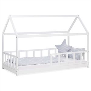 Homestyle4u 2385, Kinderbett Weiß Hausbett mit Rausfallschutz 90x200 cm Bodenbett Montessori Bett Bettenhaus Lattenrost