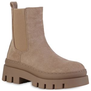 VAN HILL Damen Plateau Boots Stiefeletten Blockabsatz Stiefel Profil-Sohle Schuhe 839451, Farbe: Khaki Velours, Größe: 39