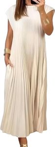 Damen-Sommer-Rundhals-Faltenrock, plissierter Rundhalsausschnitt, einfarbig, lockeres, ärmelloses langes Kleid in A-Linie