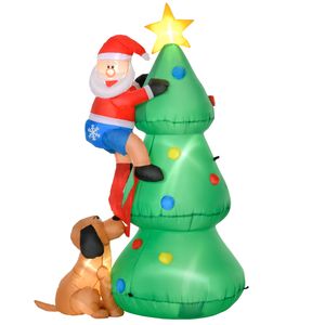 HOMCOM Nafukovací vánoční stromek s Otcem Vánoc a psem 180 cm Vánoční dekorace Vánoční osvětlení LED Samonafukovací polyester zelená 123 x 85 x 180 cm