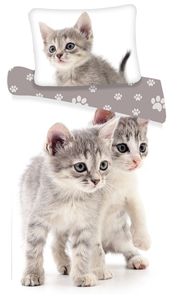 Bettwäsche Bettbezug graue Kitten 140 x 200 + 70 x 90 cm, 100% Baumwolle mit Reißverschluss