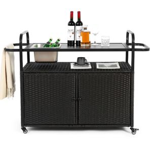LVHOM Küchenwagen auf Rollen,  Polyrattan Servierwagen mit Becken und Weinhalter, Kücheninsel mit Handtuchhalter, Beistellwagen Rollwagen, Schwarz