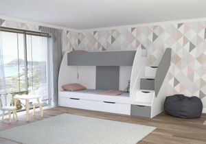 Hochbett Kinderbett Etagenbett Stockbett mit Fantasy Matratzen Martin (Weiß/Grau)