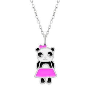 Silberne Halskette mit Anhänger, Panda mit rosa Rock und Schleife
