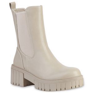 VAN HILL Damen Stiefeletten Plateau Boots Stiefel Profil-Sohle Schuhe 837673, Farbe: Beige, Größe: 36