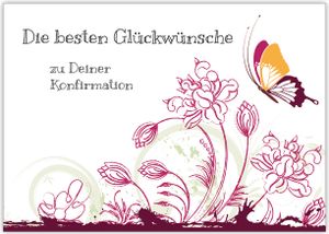 Wunderschöne Konfirmations Karte mit Blumen und Schmetterling, rot "Die besten Glückwünsche zu Deiner Konfirmation"