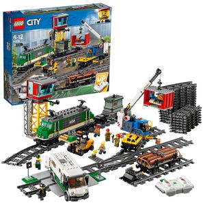 LEGO 60198 City Güterzug, Set mit batteriebetriebenem Motor, Bluetooth-Fernbedienung, 3 Wagen, Gleise und Zubehör