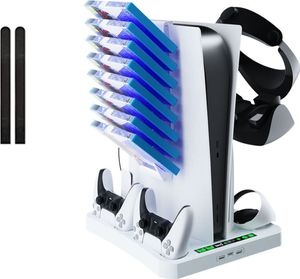 PSVR2 und PS5 Aufbewahrungsständer,duale Ladestation,Kühlungsstation PlayStation 5-Controller (mit 3 Windgeschwindigkeiten,PS5-Controller, Headset und Disc-Halter)