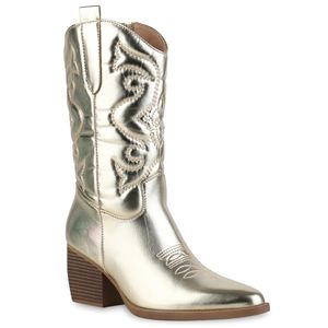 VAN HILL Damen Cowboystiefel Stiefel Metallic Schuhe 839925, Farbe: Gold, Größe: 39
