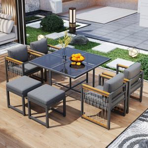 Flieks Rattan Gartenlounge-Set 6 Sitzer, Gartenmöbelset Balkonmöbelset 7-tlg., Terassenmöbel Gartenstuhl mit Hocker und Gartentisch, Gartengarnitur