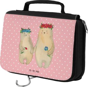 Mr. & Mrs. Panda Kulturbeutel Bären mit Blumenkranz - Rot Pastell - Geschenk, Kinder, Opa, Papa, beste Mutter, Aufbewahrungstasche, beste Freundin, Schminkutensil, Kind