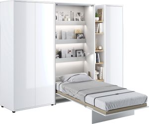 Wohnwand mit Schrankbett Bed Concept 90x200 Wandbett-Set Kleiderschrank Regalschrank Regal Led Beleuchtung Weiß/Weiß Hochglanz/Artisan Eiche