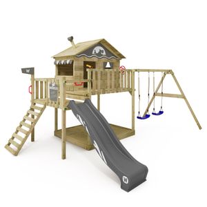 WICKEY Hrací věž s prolézačkou Smart Coast s houpačkou a skluzavkou, domečkem na chůdách s pískovištěm, lezeckým žebříkem a hracími doplňky - antracitová barva