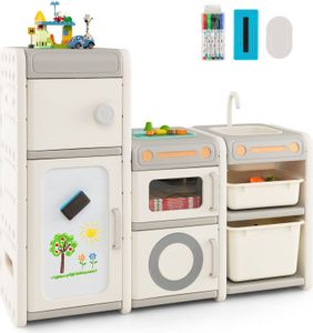 COSTWAY Spielzeugschrank für Kinder, Mehrzweck-Schrank mit magnetischem Whiteboard, abnehmbarem Waschbecken & Wasserhahn, Spieltisch mit Markern & Radierer