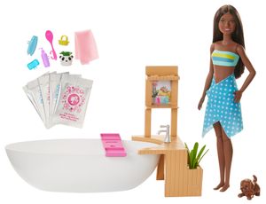 Barbie Wellnesstag Sprudelbad Spielset und Puppe, Anziehpuppe (brünett), Barbie Badewanne