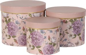 Clayre & Eef Hutschachtel 3er Set Ø 20x17 / Ø 17x15 / Ø 14x13 cm Rosa Karton Rund Blumen