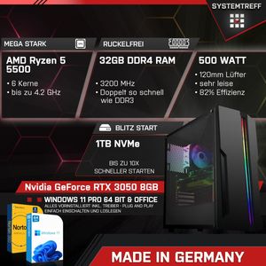 SYSTEMTREFF Gaming Komplett Set - Ryzen 5 5500 - Nvidia GeForce RTX 3050 8GB - 32GB DDR4 - 1TB M.2 SSD (NVMe) MSI Spatium +  - 27 Zoll TFT - PC