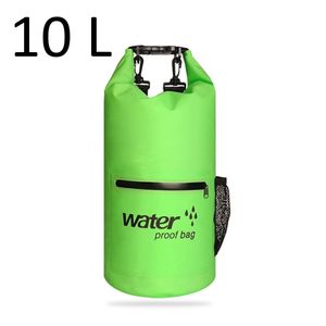 Drybag 10L in Grün, wasserdichter Seesack, Rollbeutel mit zusätzlicher Netztasche, Reissverschlusstasche und 2 Tragegurten zur Verwendung als Rucksack