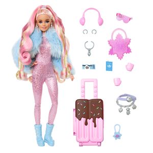 Bábika Barbie na cesty so zimným oblečením, Barbie Extra Fly, trblietavý ružový overal a kabát z umelej kožušiny
