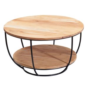 WOHNLING konferenčný stolík 60x34,5x60 cm akáciové masívne drevo / kovový rozkladací stolík, dizajnový obývačkový stolík okrúhly, obývačkový stolík priemyselný hnedý, stolík s poličkou