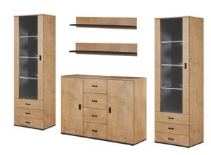 Furniture24 Wohnwand SOHO 3 mit Weißer LED Beleuchtung, Anbauwand, Wohnzimmerschrank, Schrankwand, Vitrine, Sideboard, Hängeregal Lefkas Eiche/Schwarz