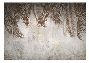 Vlies Fototapete Blätter Palmen Federn beige Beton (368x254 cm - inkl. Kleister) Wohnzimmer Schlafzimmer Moderne Wandtapete Vliestapete Tapete UV-Beständig Montagefertig