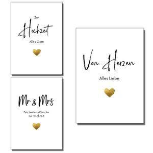 MAVANTO Hochzeitskarte Glückwunsch mit Umschlag, 3er Set - Glückwunschkarten zur Hochzeit in minimalistischem Design (Goldenes Herz)